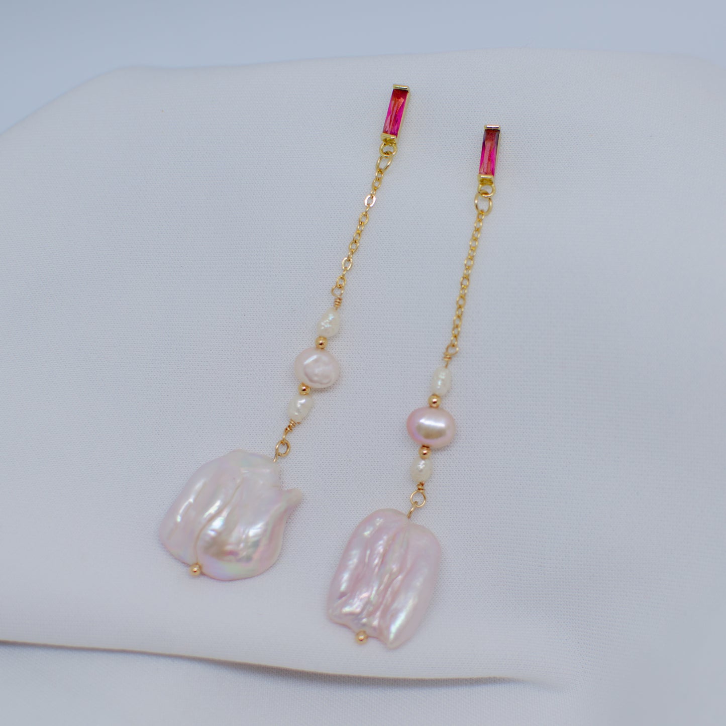 PINK KESHI PEARL DROP 18K GOLD EARRINGS