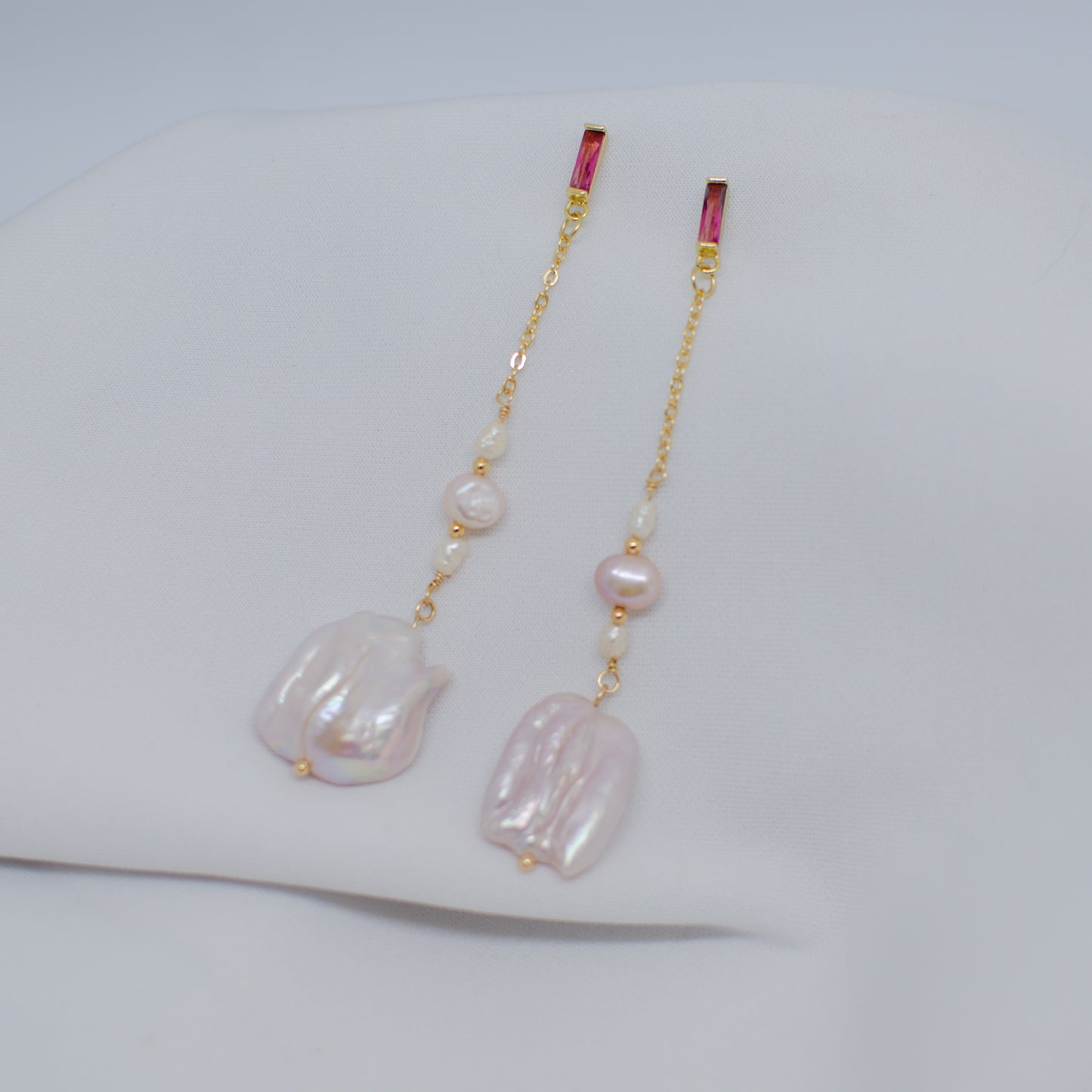 PINK KESHI PEARL DROP 18K GOLD EARRINGS