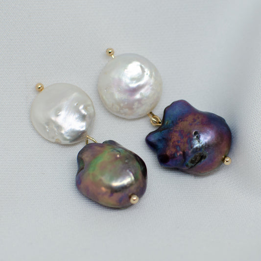 TAHITIAN BLACK PEARL & KESHI 18K GOLD STUD EARRINGS