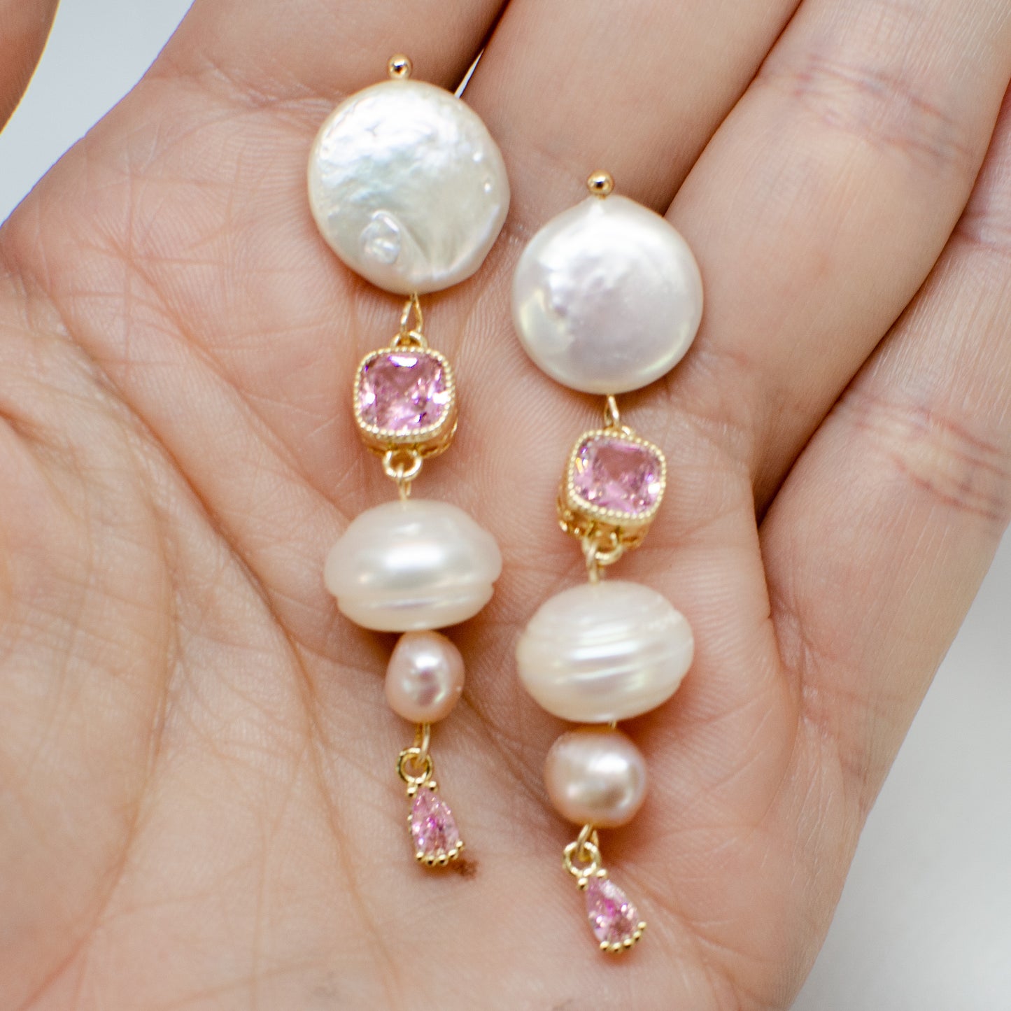 BERMUDA - PINK CRYSTAL & KESHI PEARL EARRINGS